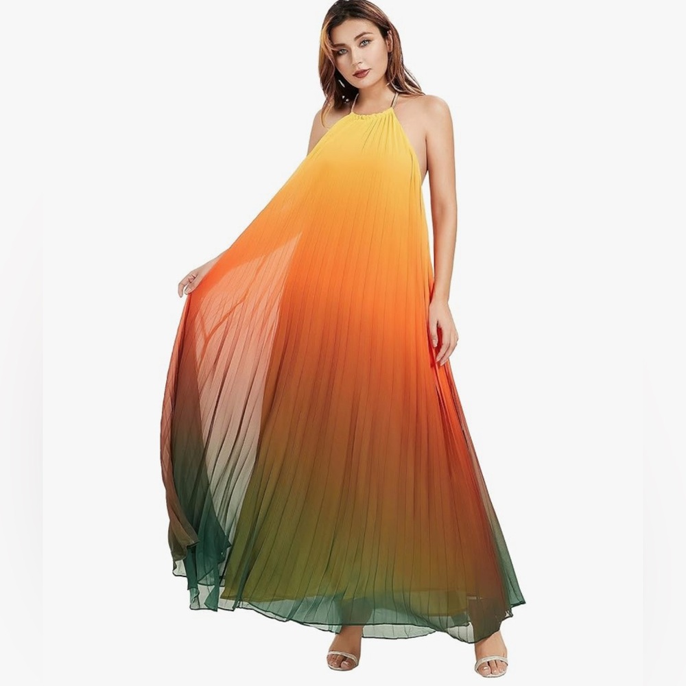 Halter Pleated Ombre Maxi Dress in Yellow, Orange & Green